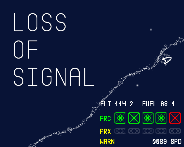Title art: the words Loss of Signal beside a wireframe ship flying over a dark blue planet, with a flight readout showing altitude, fuel and four of five shield generators lit green